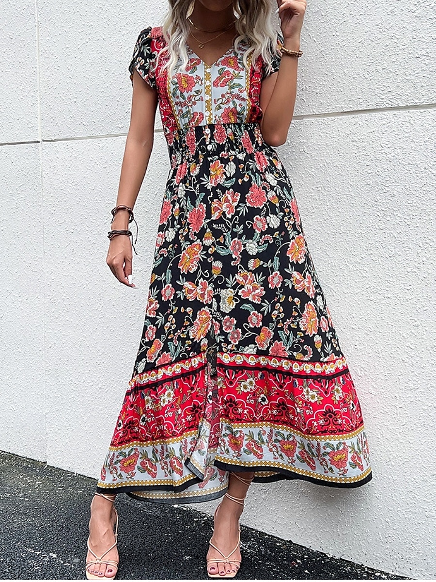 Dam Maxiklänning Vardagsklänning Swingklänning Boho Chic klänningar A linjeklänning bohemliv Stylish Ledigt Semester Dagligen Strand Lös passning Blommig Kortärmad V-hals Svart Rubinrött Sommar Vår 2025 - $33.99 –P1