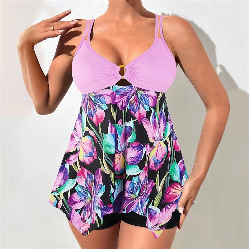 Dam Baddräkt Djup V-hals Badkläder Blommig Badkläder Purpur Grön Andningsfunktion Snabb tork Lättvikt Ärmlös - Simmning Surfing Strand Sommar Vår 2025 - $26.99 –P4