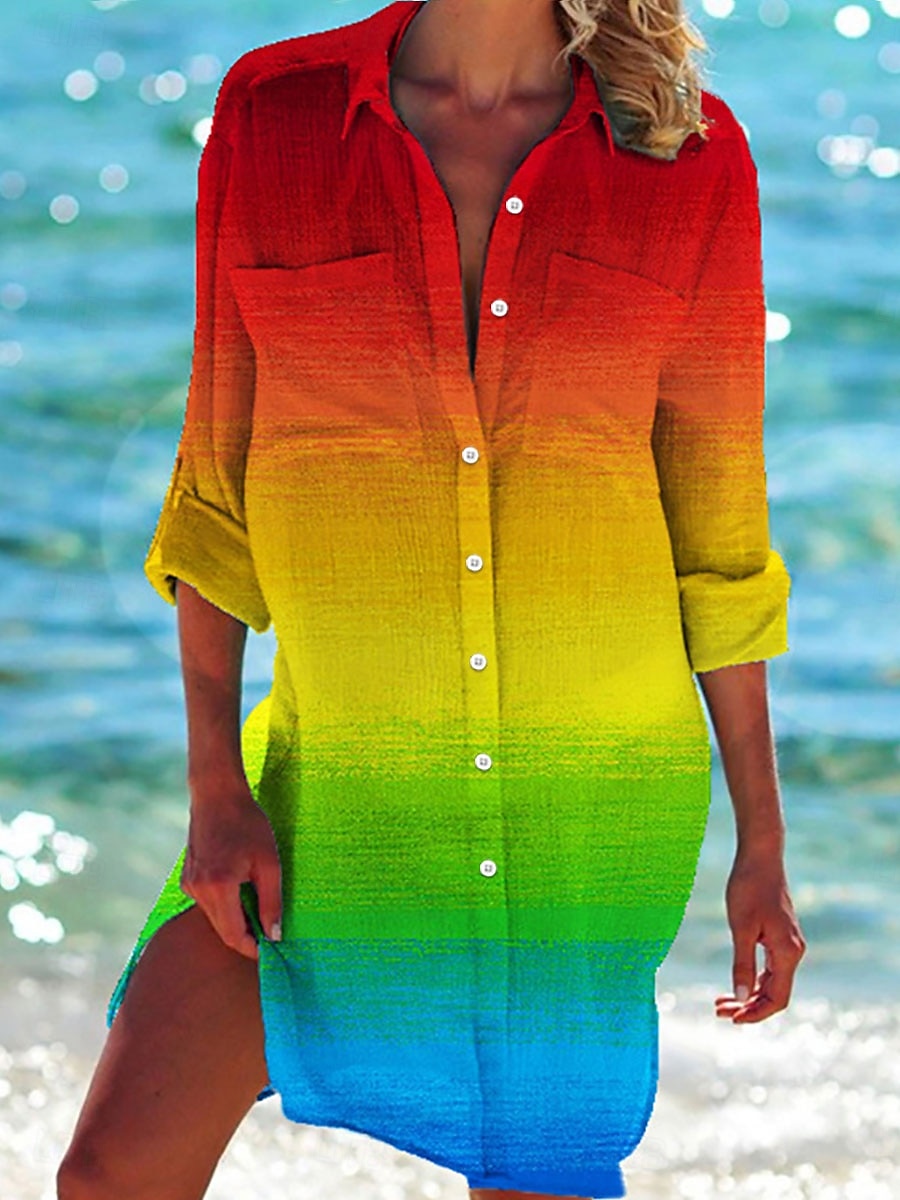 Damen Mini Kleid Hemd Kleid Lässiges Kleid Shift Kleid Täglicher Urlaub Ferien Heißes Hemd Kragen Print Langarm Sommer Herbst Frühjahr Lockere Passform Rot Blau Grün Regenbogen Print 2025 - $46.99 –P1