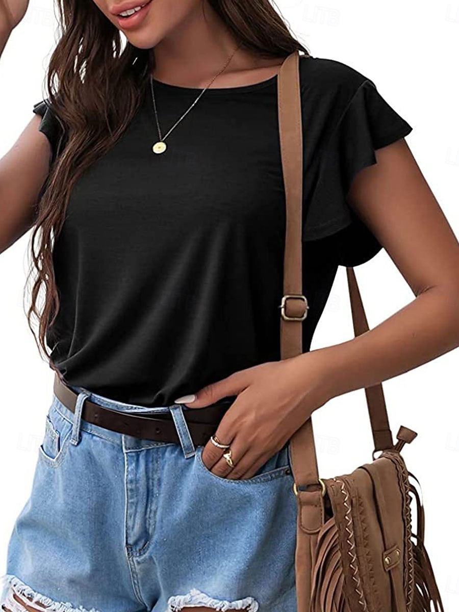 Women's T Shirt Plain Fashion Modern Casual Short Sleeve Crew Neck Regular Tops Daily Weekend Ruffle Black Pink Gray Summer Spring 2025 - $21.99 –P3