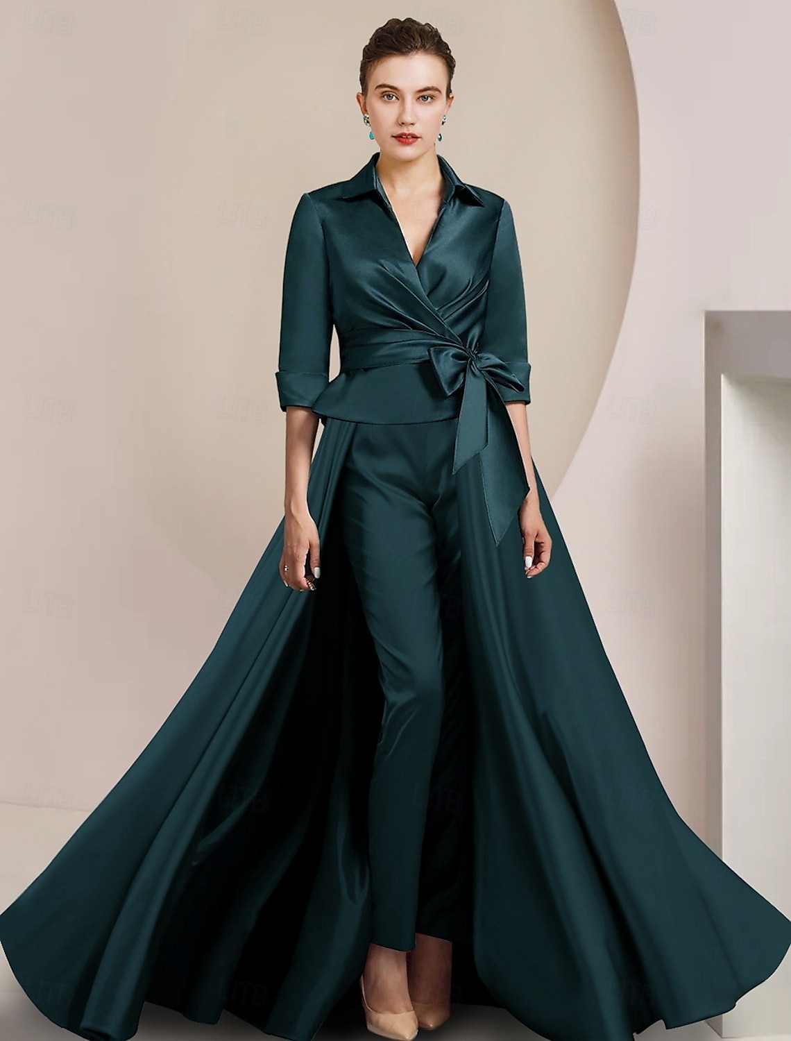 To-delt jumpsuit/buksedress mor til bruden formell bryllupsgjest elegant skjortekrage ankel lengde sateng halv erme med sløyfe(r) gratis tilpasset størrelse 2025 - $196.99 –P5