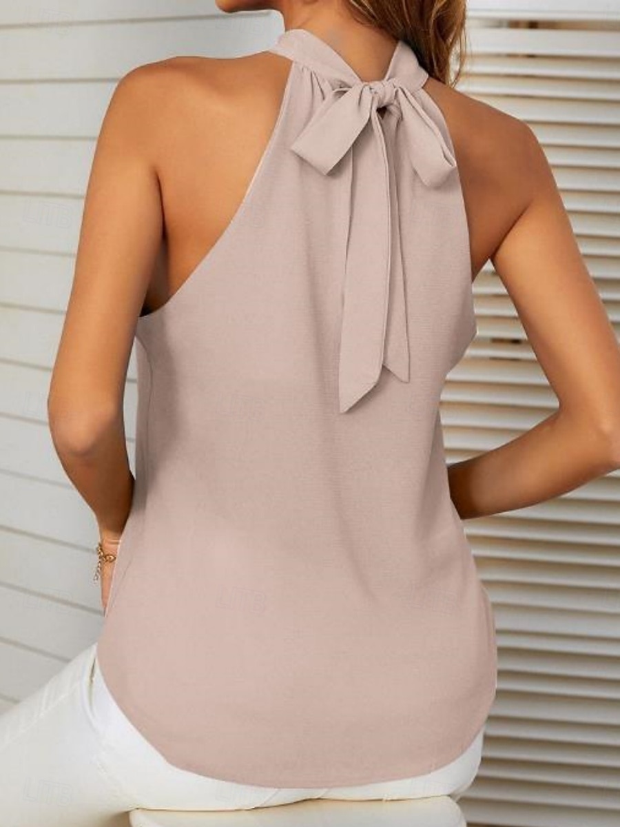 Top de damă fără mâneci cu bretele de culoare uniformă stilat casual de tip halter neck bluze obișnuite pentru ziua de lucru alb roz fuchsia vară 2025 - $24.99 –P3