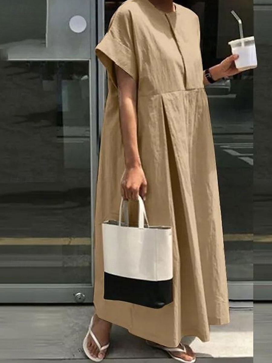 Women's Maxi Dress Cotton Linen Dresses Casual Dress Cotton Maxi Dress Basic Casual Vacation Daily Loose Fit Plain Short Sleeve Crew Neck Khaki Army Green Dark Blue Gray Summer Spring Fall 2025 - $36.99 –P5