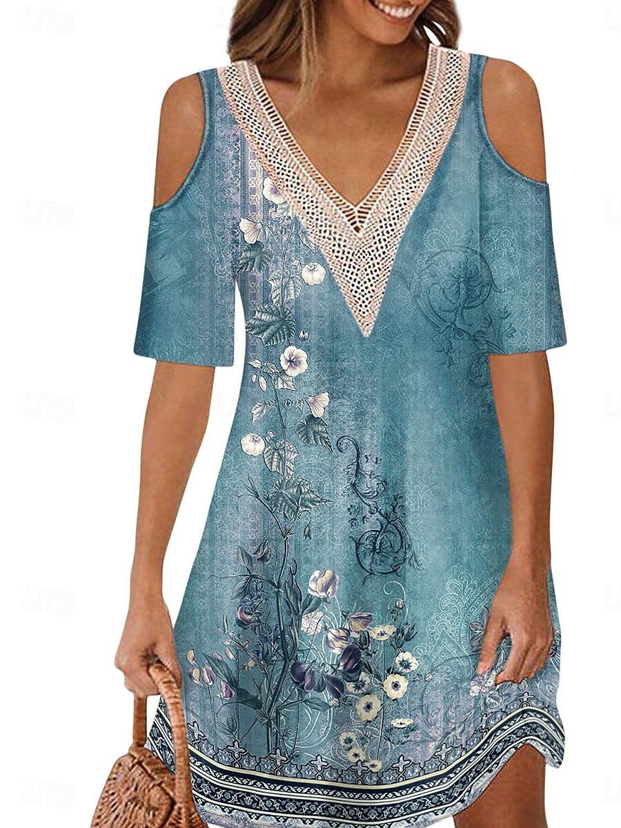Dame Lang kjole Maxikjole Kjole med A-linje Boho-kjole Elegant Stilfull Fritid Feriereise Daglig Normal Blomstret Kortermet V-hals Rød Blå Lilla Grønn Sommer Vår 2025 - $21.99 –P9