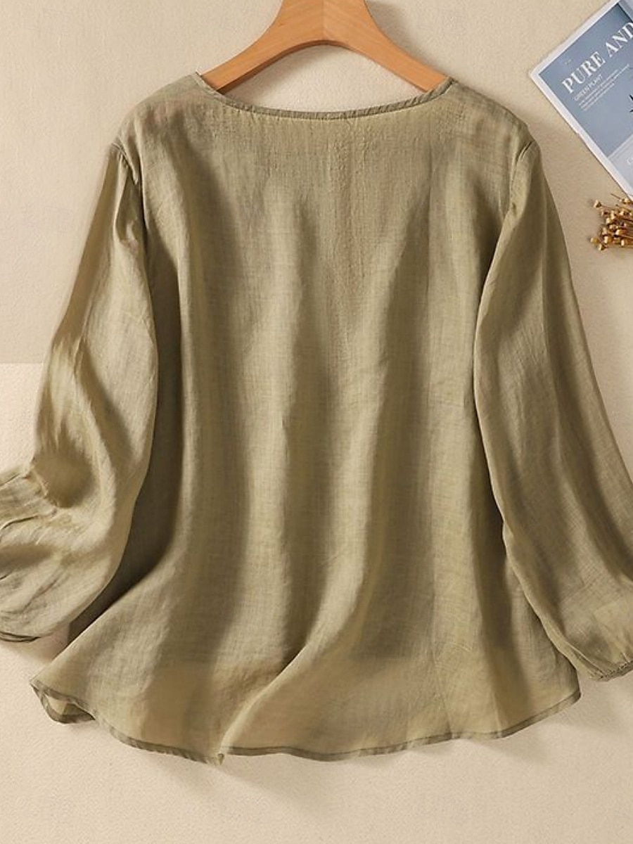 Femmes Chemise Chemisier Chemises en coton et lin Couleur Unie Basique Occasionnel manche longue Col ras du cou Hauts Réguliers Quotidien Broderie Blanche Rose Claire Fuchsia Vert Été Printemps de 2025 ? $21.99 –P2