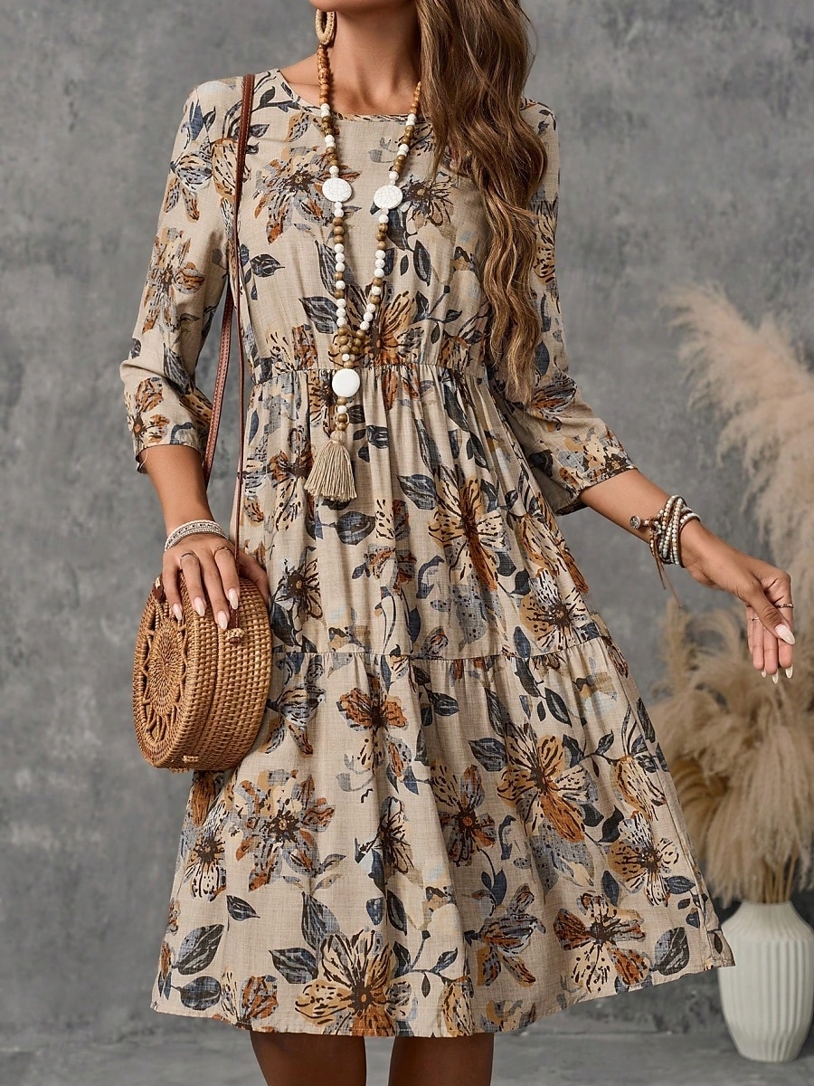 Femmes Mini Robe Robes en coton et lin Robe Décontractée Basique Occasionnel Vacances Quotidien Coupe régulière Fleuri Manche 3/4 Col ras du cou Kaki Été Printemps de 2025 ? $26.99 –P5