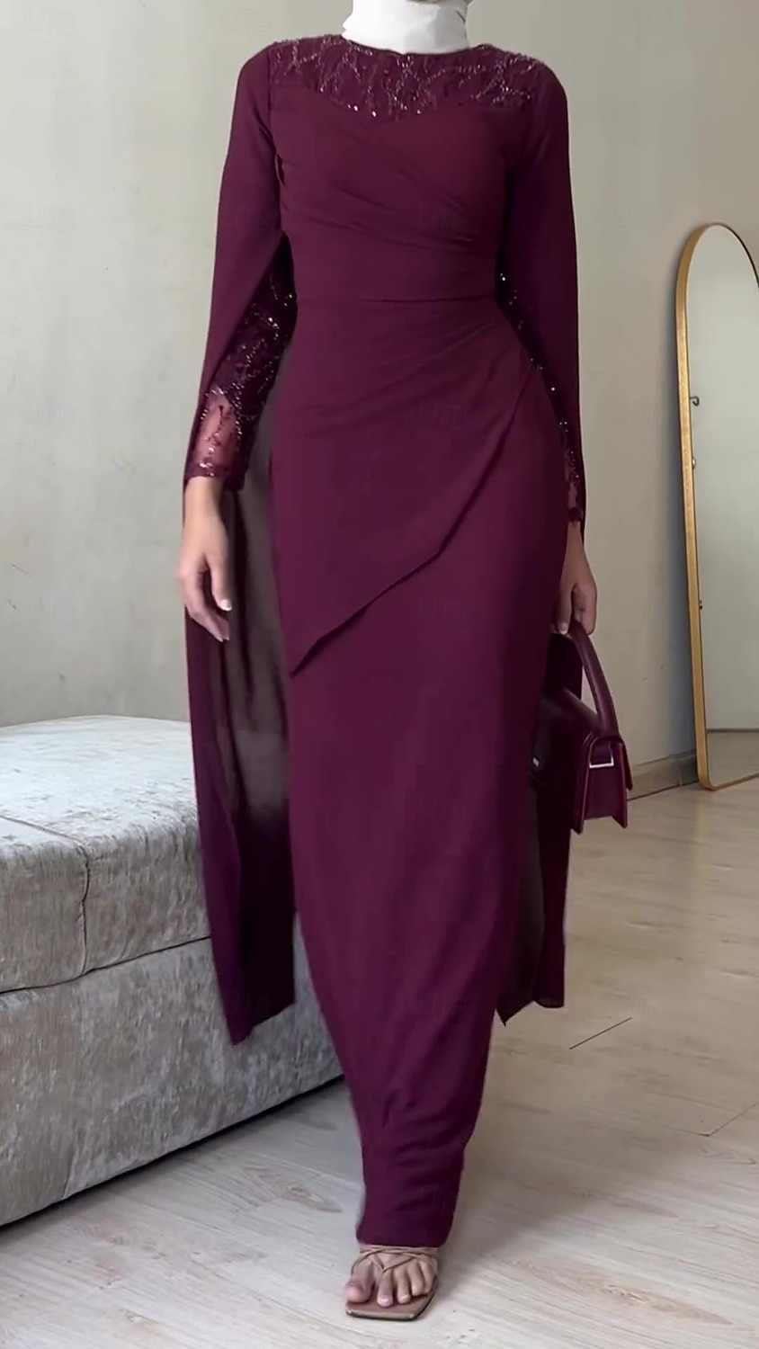 Tubinho Vestidos de noite Elegante Vestido Formal Casamento Longo Manga Longa Decorado com Bijuteria Crepe Esticado com Bordado 2025 de 2025 por $117.99 -P4
