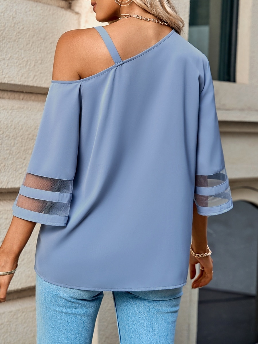 Damen Hemd Bluse Glatt Stilvoll Brautkleider schlicht 3/4 Ärmel kalte Schulter Normale Oberteile Täglich Patchwork Schwarz Blau Sommer Frühling 2025 - $27.99 –P13