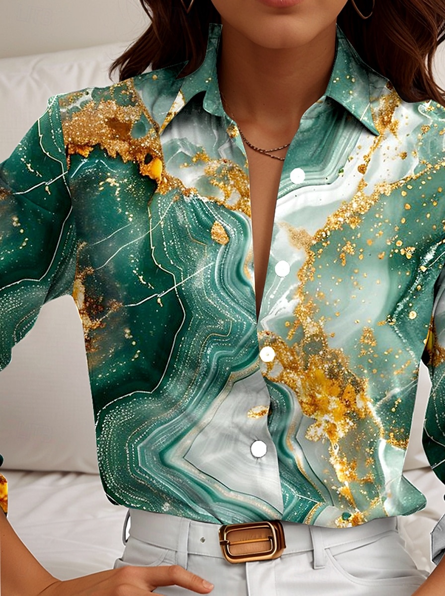 Chemise Femme Marbre Quotidienne Stylée À Manches Longues Col Hauts Quotidien Imprimé Boutons Vert Été Printemps de 2025 ? $32.99 –P3