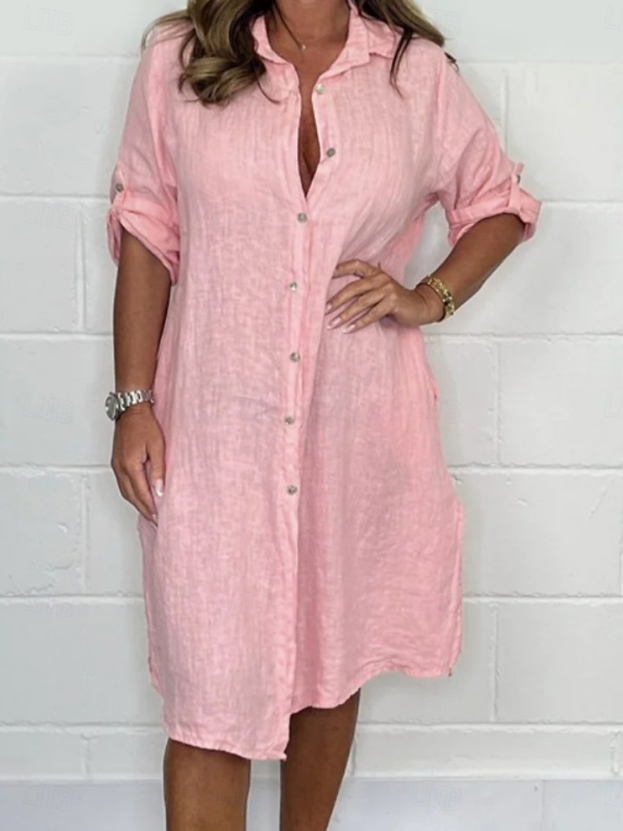 Pentru femei Rochii Midi Rochii de in bumbac Rochii Tip Cămașă Rochie casual De Bază Casual Vacanță Zilnic Fit regulat Simplu Lungime Manșon 3/4 Guler Cămașă Alb Roz Îmbujorat Trifoi Caisă Var 2025 - $36.99 –P2