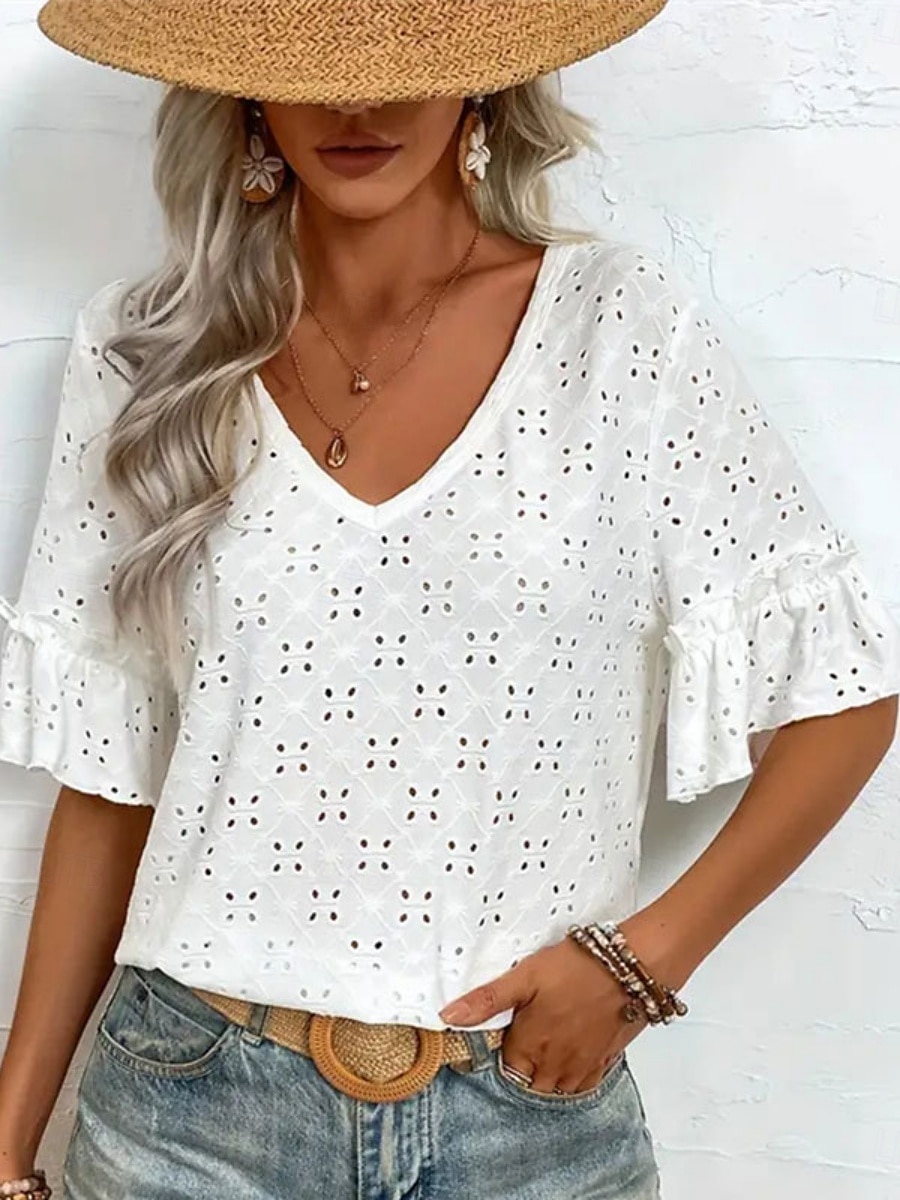 Women's White Elegant Lace Tops Eyelet Blouse Casual Plain Regular Tops Half Sleeve V Neck Eyelet Regular Fit Daily Weekend Romantic Petite Tops Summer Holiday Wear White Summer Spring 2025 - $21.99 –P5