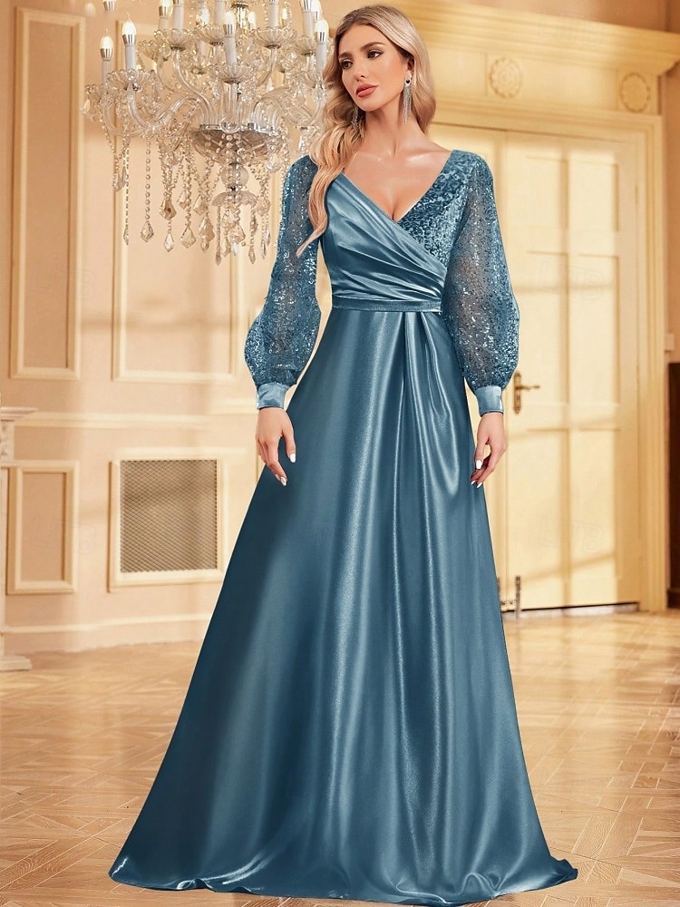 A-Line Evening Gown Elegant Dress Wedding Guest Evening Party Floor Length Long Bubble Sleeve V Neck Satin With Glitter 2025 2025 - $133.99 –P7
