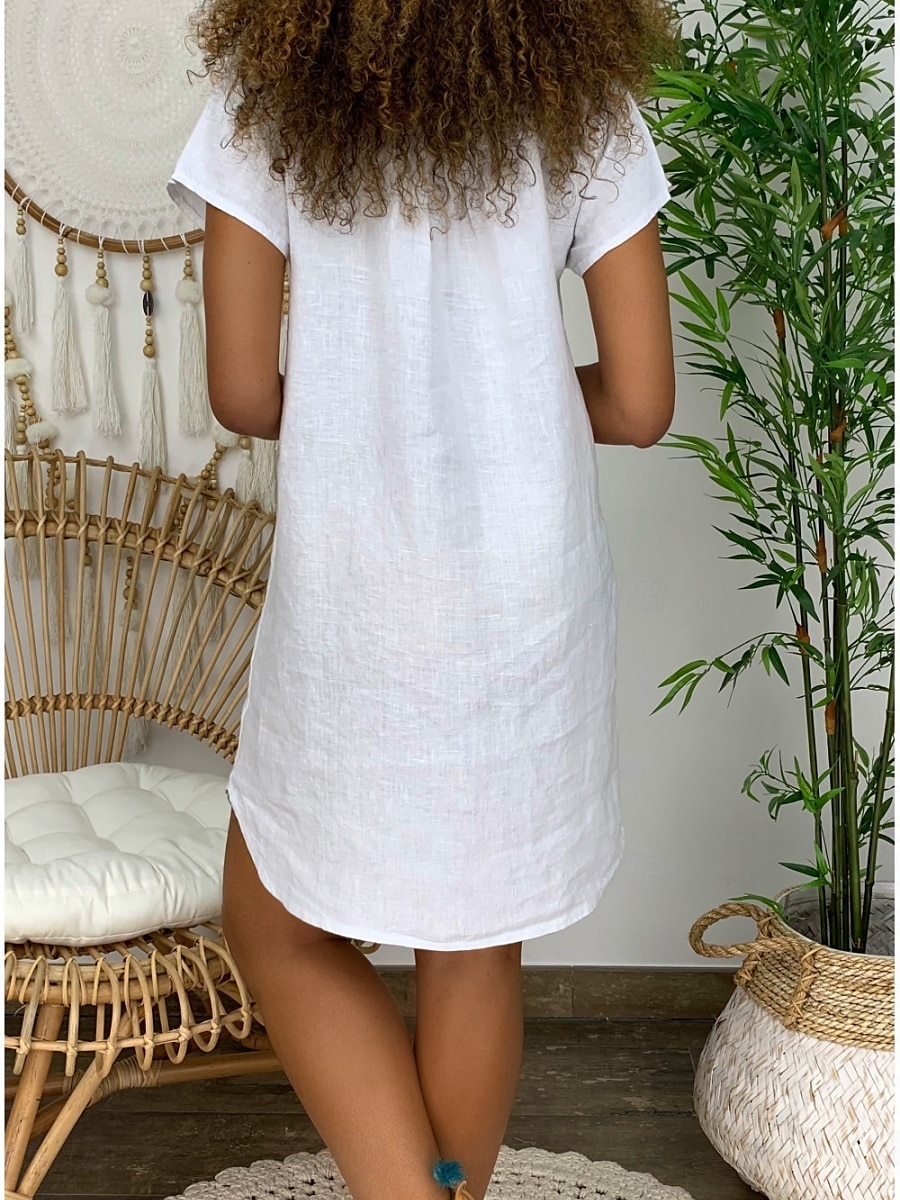 Femmes Mini Robe Robes en coton et lin Robe Décontractée Basique Occasionnel Vacances Quotidien Coupe régulière Uni Manche Courte Encolure en V Noir Blanche Jaune Vert Véronèse Été de 2025 ? $22.99 –P4