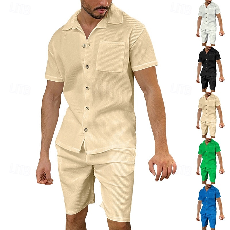 Homme Deux pièces Ensemble Chemise Ensemble été Et Set Uni Quotidien Vacances Sortir Col Manche Courte Pantalon Court Été Mode Occasionnel Confortable Vêtement Tenue de 2026 ? $41.99 –P1