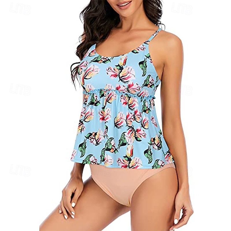 Femme Tankini Maillot De Bain Deux Pièces Dos Nu Maillots de Bain Floral Maillots de Bain Bleu Ciel Noir Respirable Séchage rapide Poids Léger Sans Manches - Natation Surf Plage Eté Printemps de 2025 ? $15.99 –P7