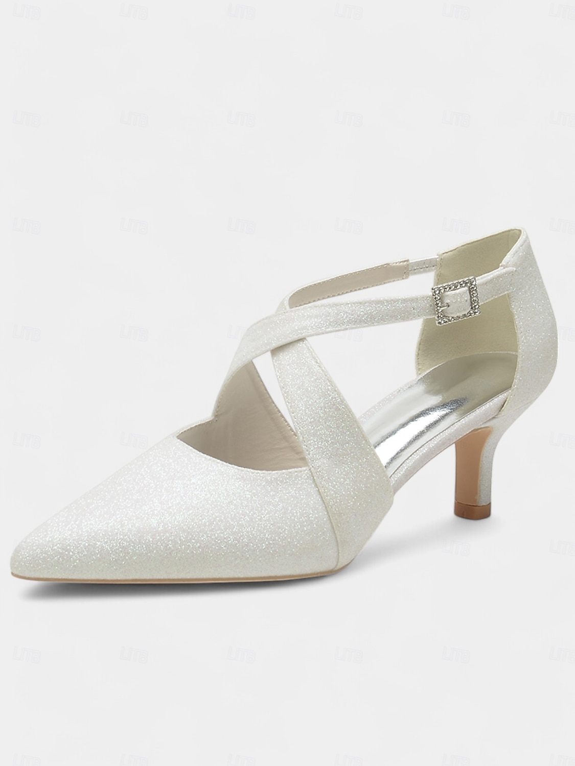 tacchi a gattino con cinturino incrociato glitterato bianco e fibbia in strass – scarpe eleganti da donna per eventi formali del 2025 a $64.99 –P2