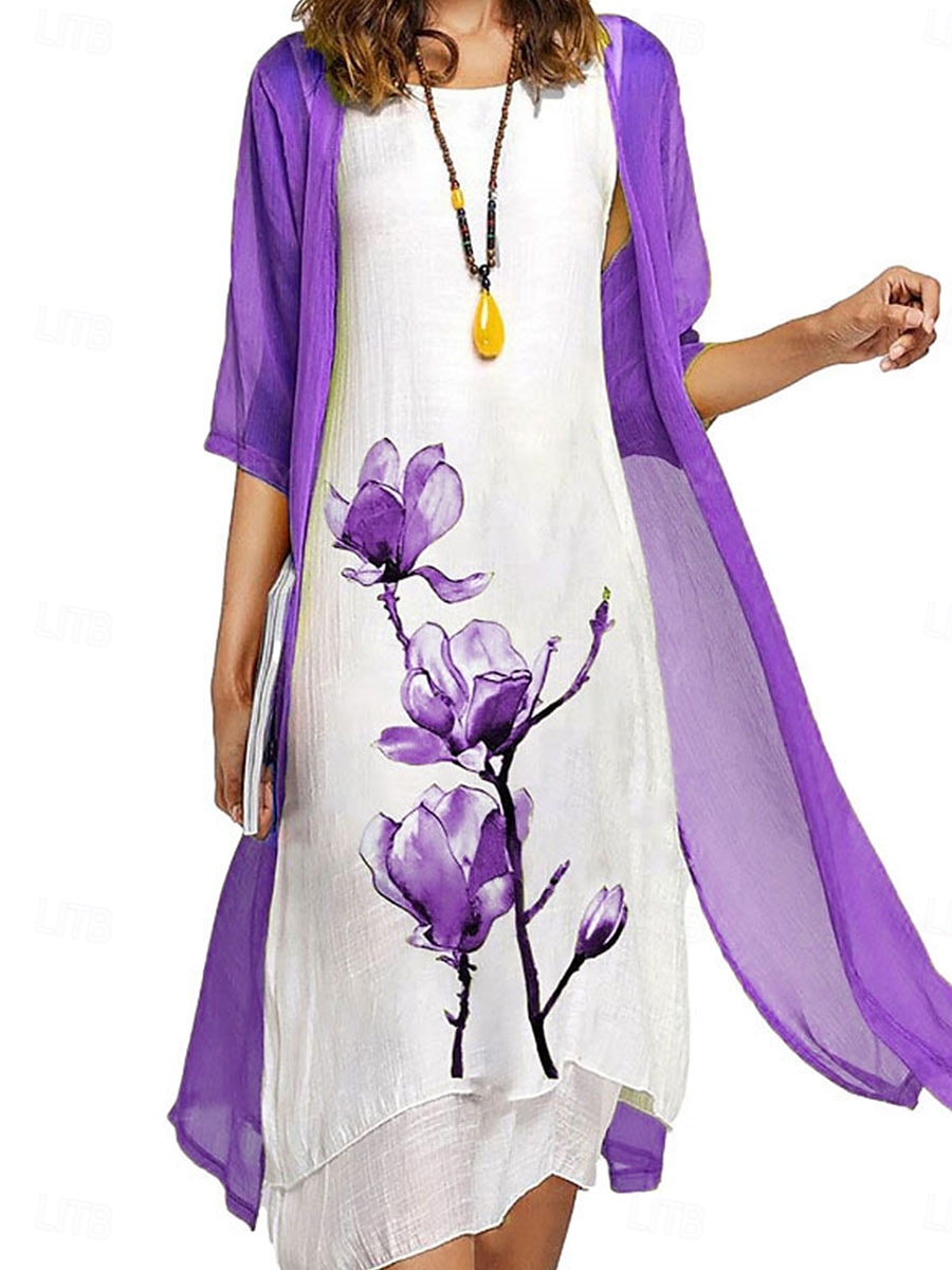 Pentru femei Set de rochii Rochie casual Elegant Modă Floral Imprimeu Asimetric Rochii Midi Manșon Lung Stil Nautic În aer liber Vacanță Albastru piscină Mov Albastru Închis Vară Primăvară Fit regulat 2025 - $36.99 –P5