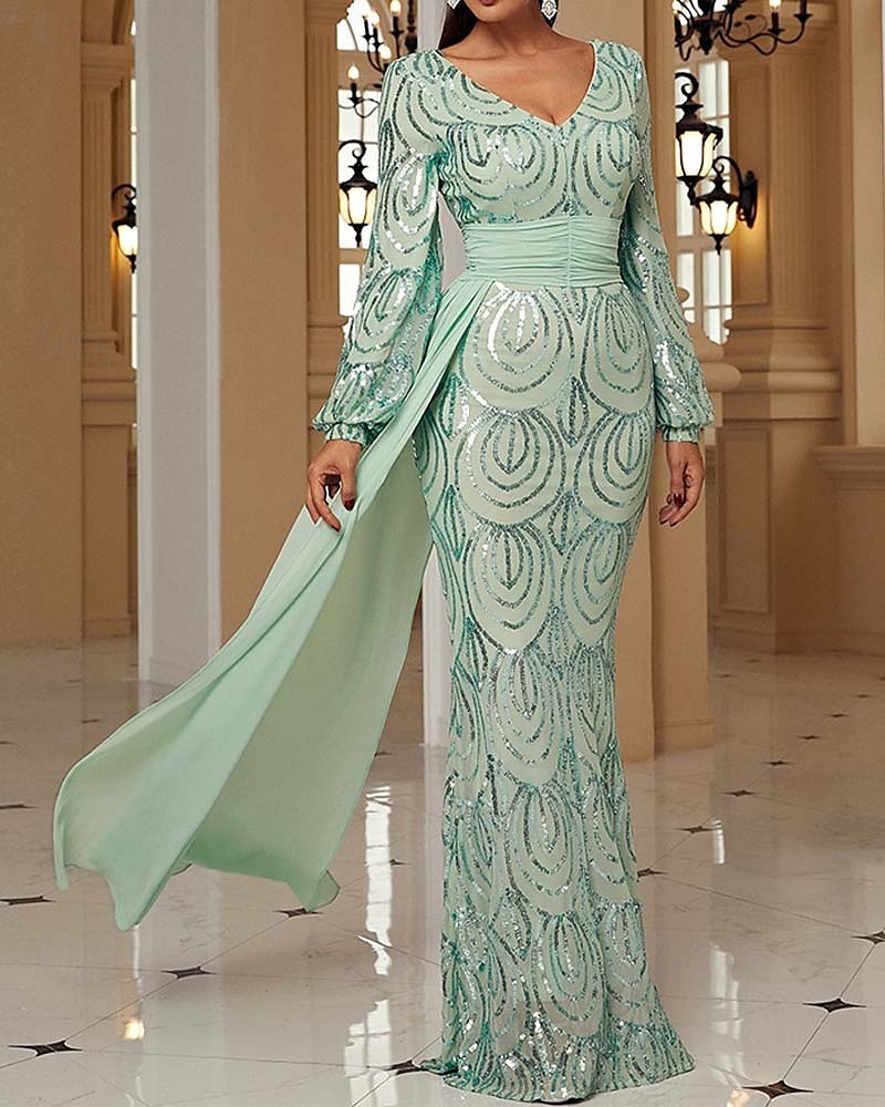 Vestido de Noiva Sereia  Trompete Vestido Elegante Formal Comprimento Total Manga Longa Decote V Bordado com Franjas de Brilho de 2025 por $141.99 –P1