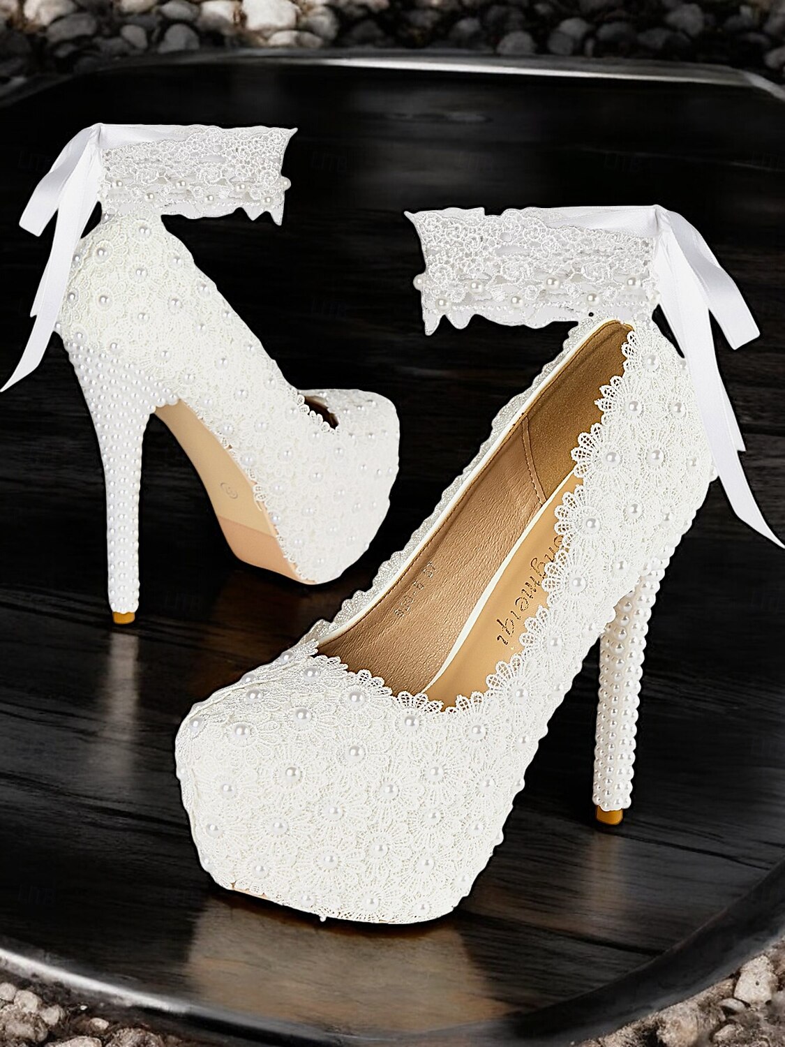 Women's White Lace and Pearl Embellished High Heel Platform Wedding Shoes with Ribbon Anklets for Bridal and Formal Ceremonies 2026 - $84.99 –P4