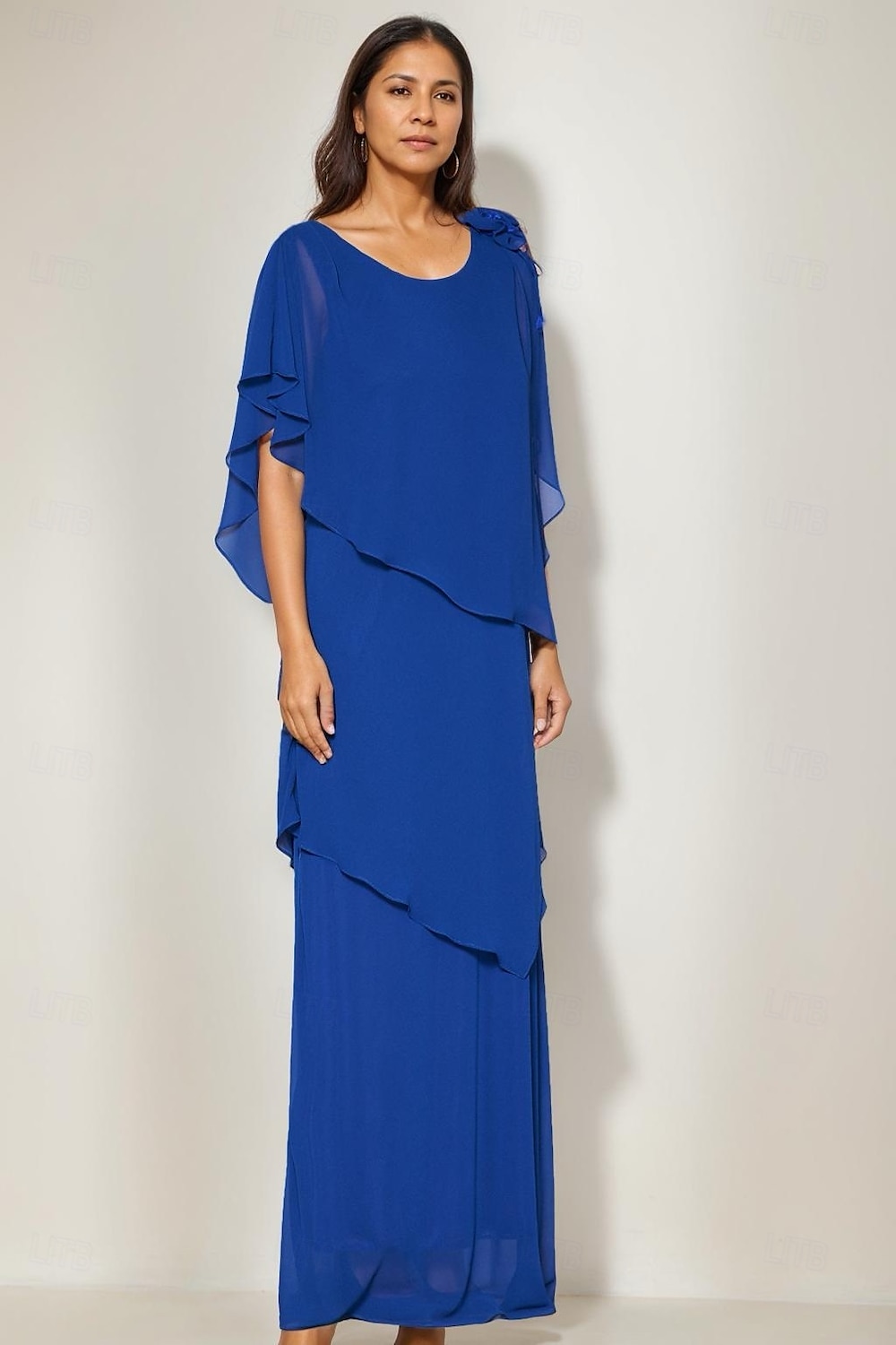 Robe mère de la mariée fourreau  colonne élégante à col bijou longueur sol chiffon floral à courte manche avec volants de 2025 ? $161.99 –P4