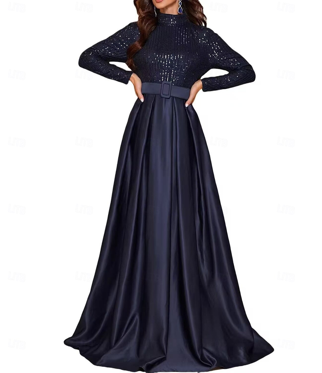 Rochie de seară tip A-Line rochie elegantă pentru petrecere rochie formală de gală cu lungime până la podea cu mânecă lungă cu gât rigid curea/sasch din amestec de bumbac cu spate cowl cu butoane 2025 - $167.99 –P7