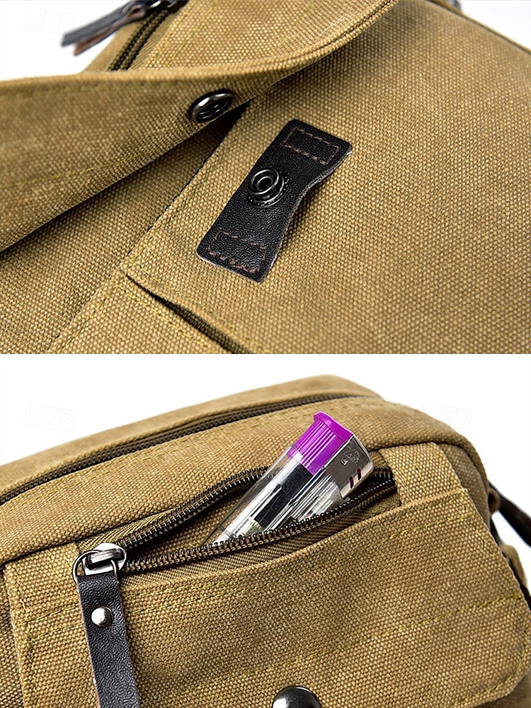 męska płócienna torba typu crossbody – wielokieszeniowa, vintage'owa, z regulowanym paskiem, idealna do podróży, pracy lub codziennego użytku, kolor czarny khaki, kawa 2025 - $19.99 –P5
