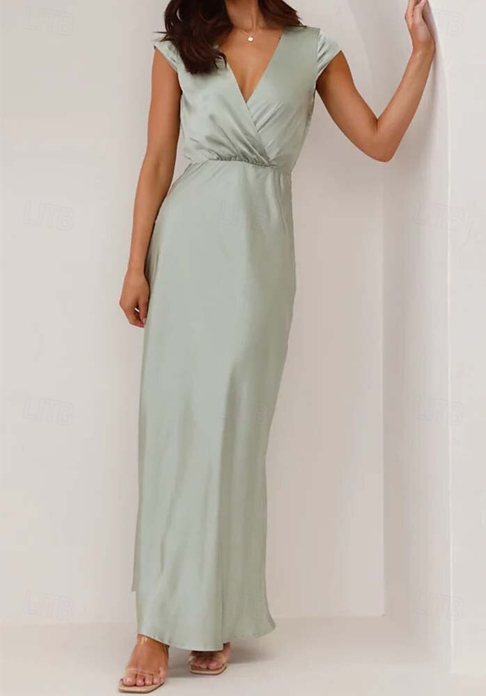 Sheath / Column Bridesmaid Dress V Neck Cap Sleeve Elegant Floor Length Satin with Ruching 2025 2025 - $171.99 –P5