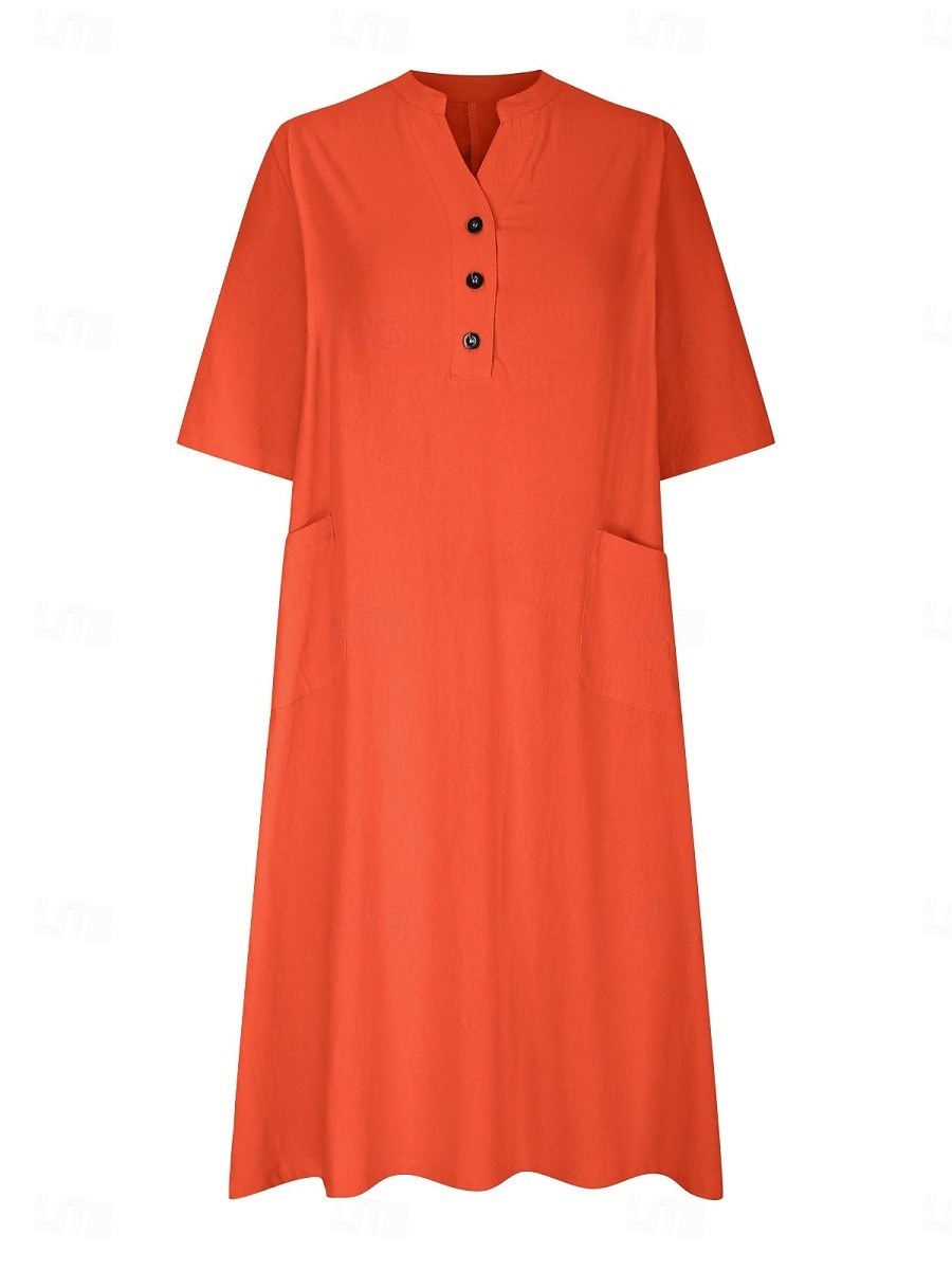 Women's Midi Dress Cotton Linen Dresses Basic Casual Vacation Daily Regular Fit Plain 3/4 Length Sleeve Notched Neck Black Red Purple Light Blue Summer 2025 - $22.99 –P12