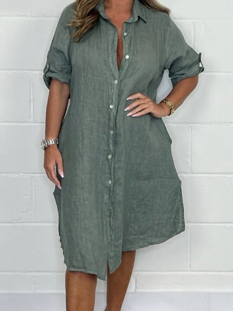 Pentru femei Rochii Midi Rochii de in bumbac Rochii Tip Cămașă Rochie casual De Bază Casual Vacanță Zilnic Fit regulat Simplu Lungime Manșon 3/4 Guler Cămașă Alb Roz Îmbujorat Trifoi Caisă Var 2025 - $36.99 –P1