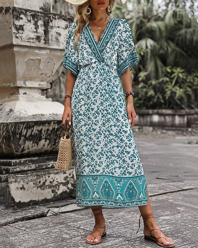 Női Midi ruha hétköznapi ruha A vonalú ruha nyári ruha Boho ruha Hawaii Stílusos Vakáció Napi Randi Normál Virágos Rövid ujjú V-alakú Sötétzöld Nyár 2025 - $28.99 –P4