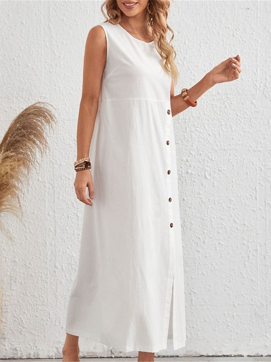 Mujer Vestido maxi Vestidos de lino y algodón Básico Casual Vacaciones Diario Ajuste regular Plano Sin Mangas Cuello Barco Blanco Verano 2025 - $22.99 –P3