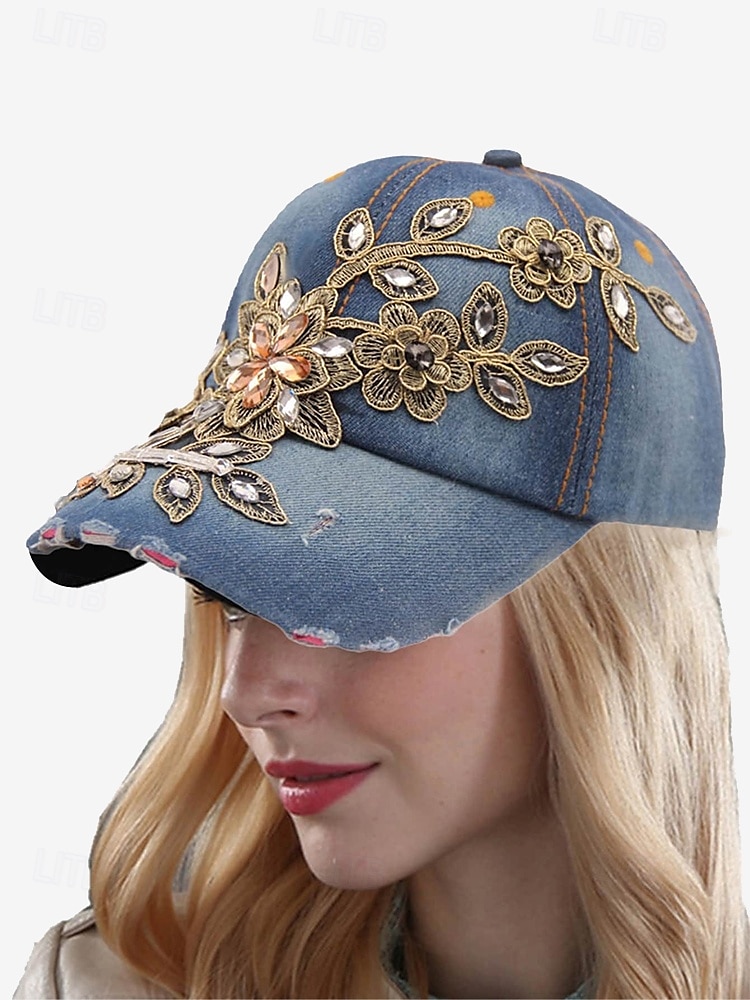 casquette de baseball en denim à imprimé floral pour femme avec détails en strass et perles – chapeau décontracté tendance pour l'extérieur, le quotidien et l'été de 2025 ? $11.99 –P1