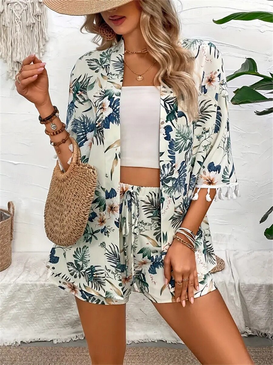 Dam Kostymer Andningsfunktion Bekväm Tofs Mönster Ledigt Blommig Semester Gata Dagliga kläder Utekväll Öppen front Normal Kraglös Normal 3/4 ärm Ytterkläder Vit Sommar Vår 2025 - $26.99 –P8