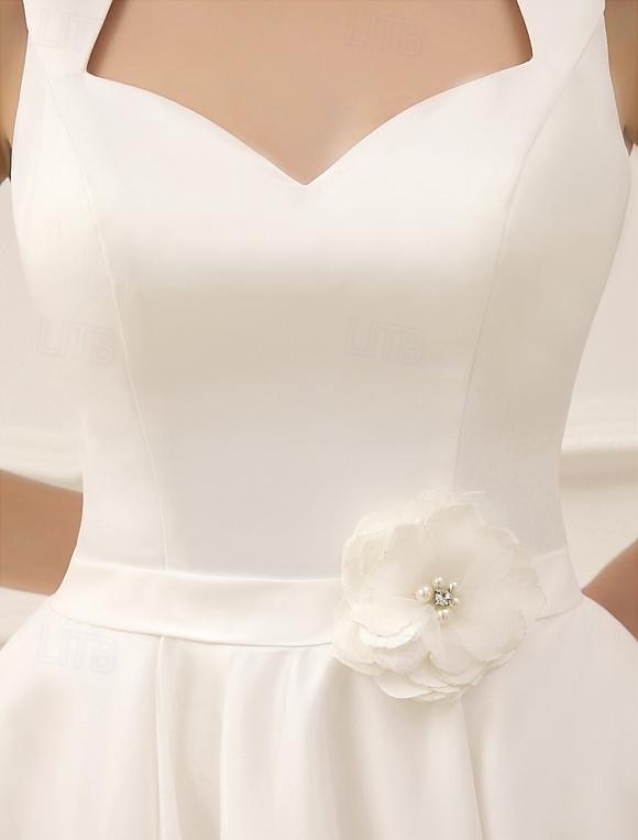 Robe Blanche de Petite Remise de Diplôme de Fiançailles Robes de Mariage A-Ligne Col Carré Sans Manches Courte  Mini Satin Robes de Mariée Avec Sash  Ruban Fleur de 2025 ? $149.99 –P3