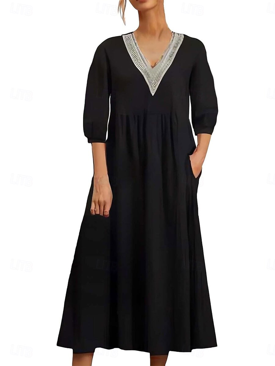 Women's Midi Dress Elegant Vintage Stylish Lantern Sleeve Vacation Daily Regular Fit Plain 3/4 Length Sleeve V Neck Black White Summer Spring Fall 2025 - $23.99 –P4