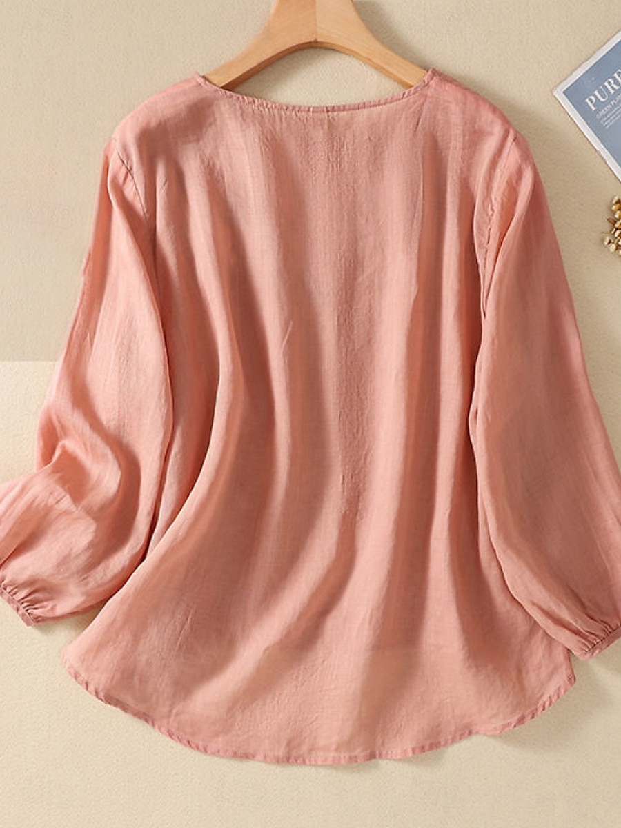 Femmes Chemise Chemisier Chemises en coton et lin Couleur Unie Basique Occasionnel manche longue Col ras du cou Hauts Réguliers Quotidien Broderie Blanche Rose Claire Fuchsia Vert Été Printemps de 2025 ? $21.99 –P6