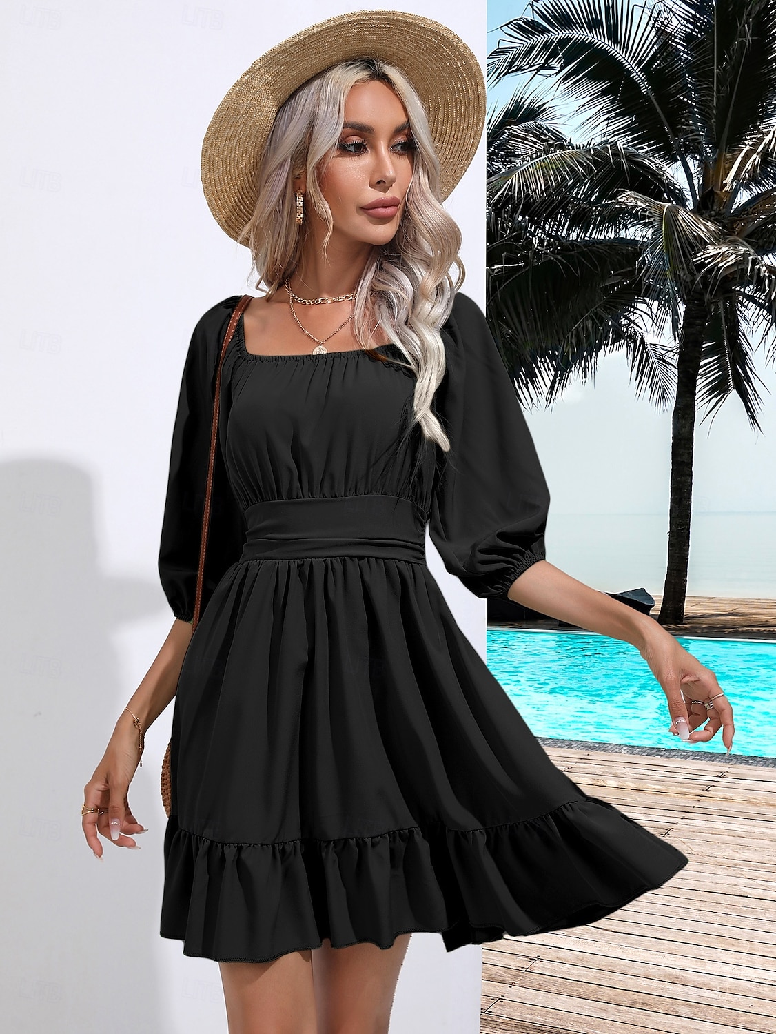 Valentýn Dámské Běžný Mini šaty Boho Chic šaty Áčkové šaty Čechy stylové Klasické Lucerna rukáv Dovolená Párty Denní Tvarovaný potah Bez vzoru Bez rukávů Hranatý Černá Bílá Světlá růžová Rubínov 2025 - $28.99 –P15