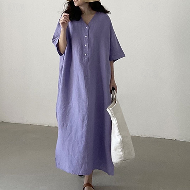 Women's Long Dress Maxi Dress Linen-Inspired Dresses Casual Dress Stylish Ethnic Casual Vacation Daily Date Regular Fit Plain Half Sleeve V Neck Purple Summer Spring 2025 - $28.99 –P6