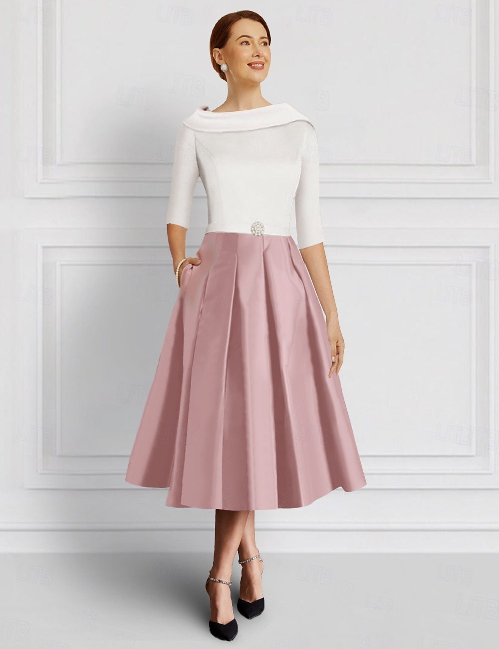 A-Line Dress Mother of the Bride Dress Elegant Vintage Jewel Neck Tea Length Satin 3/4 Length Sleeve with Crystal Brooch Color Block Race Day Dress 2025 - $140.99 –P3