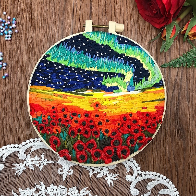 2025年 大人の初心者向け刺繍スターターキット、風景、木、山、川、花、自然の風景のパターン、手刺繍セット、DIYクロスステッチキット、フープ、針、糸付き  コレクション – $9.99 –P4