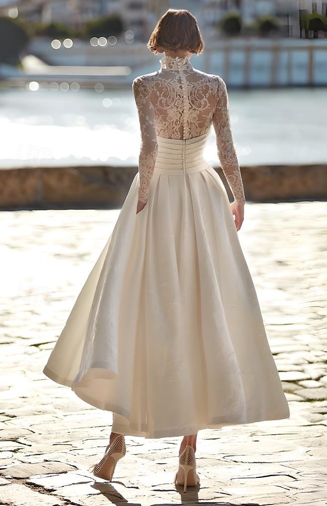 Wedding Dresses A-Line Illusion Neck Long Sleeve Asymmetrical Lace Bridal Gowns With Embroidery Solid Color 2025 - $198.99 –P2