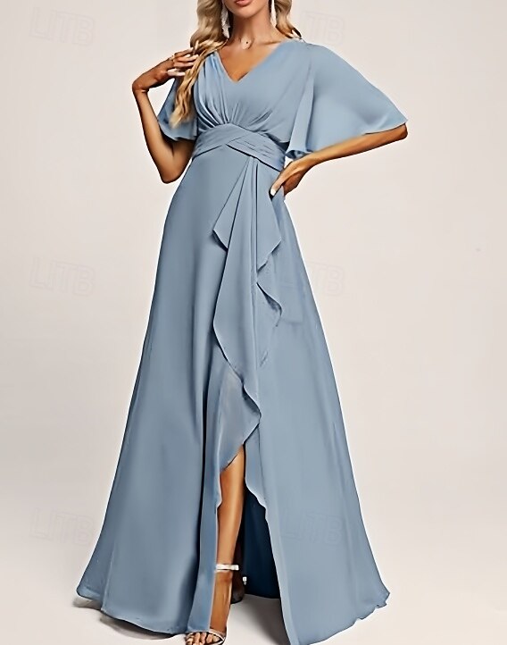 A-Linien Brautjungfernkleid V-Ausschnitt Kurzarm Elegant Bodenlänglich Chiffon mit Rüschen  Geteilter Front  Raffung 2025 - $164.99 –P1