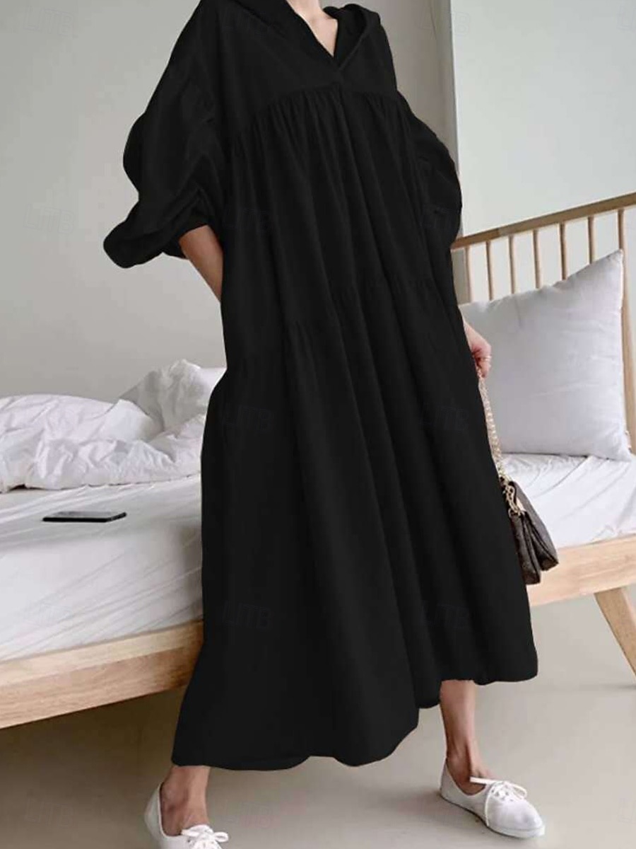 Damen Maxikleid Leinen-inspirierte Kleider Hemdblusenkleid Basic Lässig Urlaub Täglich Normale Passform Einfach Langarm Mit Kapuze Schwarz Khaki Frühling Herbst 2025 - $36.99 –P5