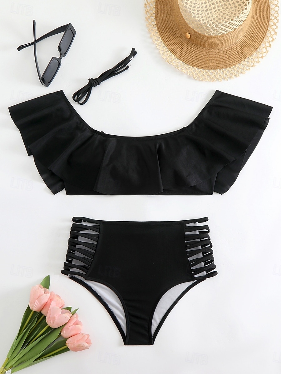 Dam Badkläder Bikini 2 st Kalsonger Baddräkt Volang Öppen rygg Smal Hög midja Semester Standkläder Ensfärgat Halterneck Kort ärm Baddräkter 2025 - $27.99 –P2