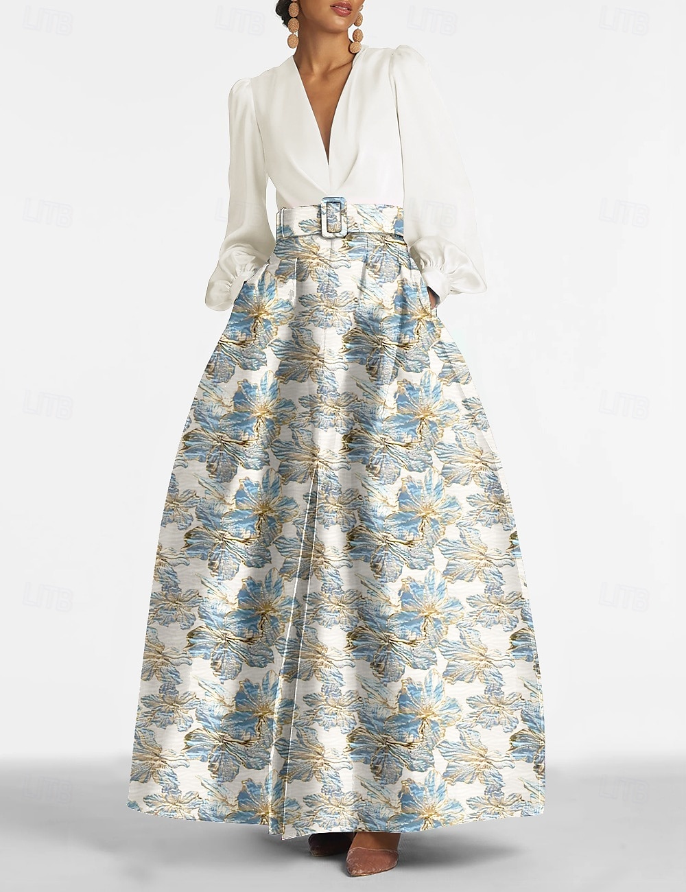 A-Line Evening Gown Elegant Dress Formal Wedding Floor Length Long Sleeve V Neck Pocket Nylon with Floral Print Pocket Derby Dress Race Day Dress Wedding Guest Dress 2025 2025 - $179.99 –P3