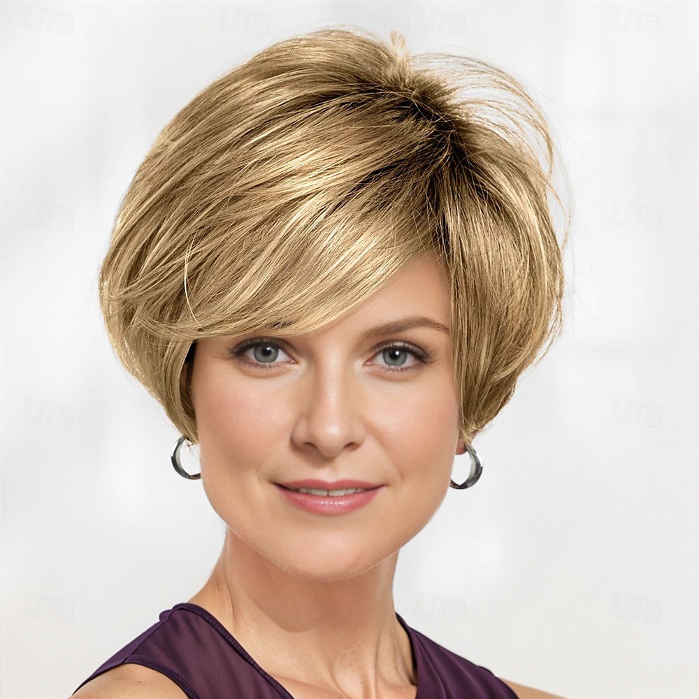 Perruque Bennett Whisperlite Perruque bob courte sophistiquée avec des couches de plumes et une frange rasant les cils / nuances multi-tons de blond argenté brun et rouge de 2025 ? $24.99 –P1