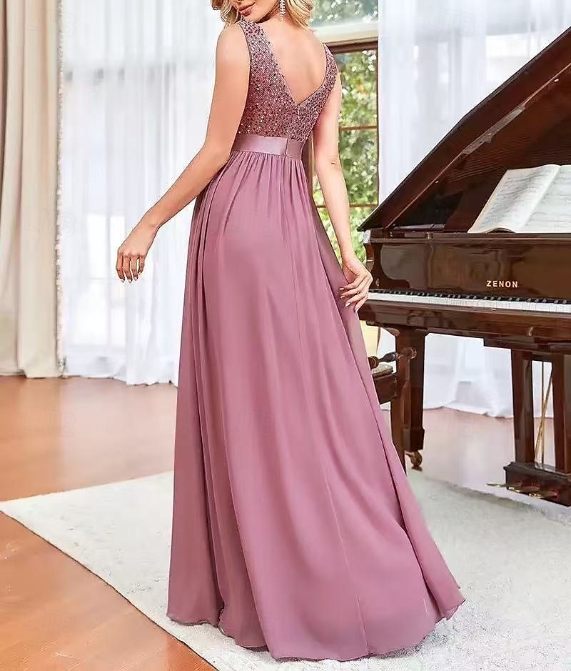 A-Line Bridesmaid Dress V Neck Sleeveless Pink Floor Length Chiffon / Spandex / Shantung with Sash / Ribbon / Sequin / Draping 2022 2025 - $162.99 –P2