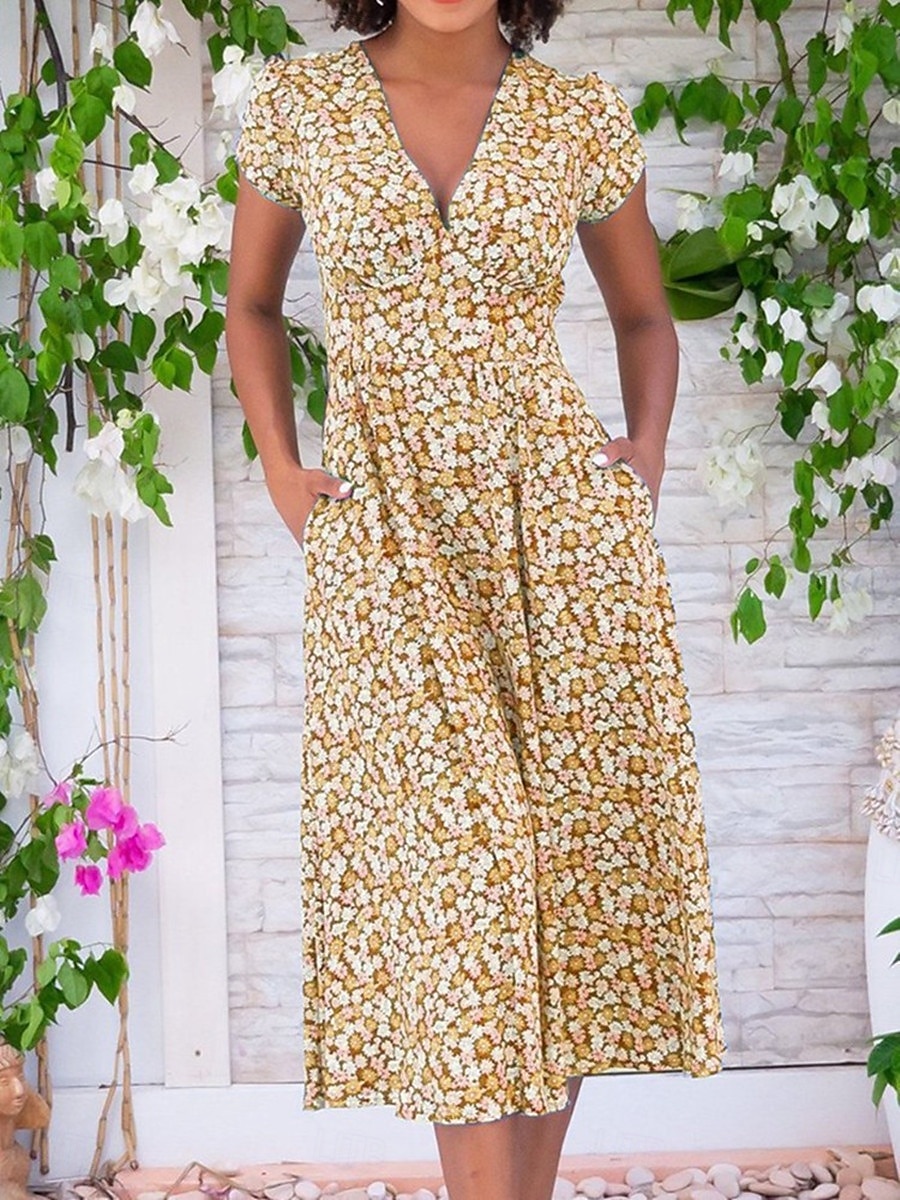 női munkaruha alkalmi ruha vonalas ruha elegáns irodai napi munkadivat midi ruha zseb v nyak rövid ujjú virágos szabályos szabás sárga piros kék nyári tavaszi s m l xl 2xl 2025 - $25.99 –P7