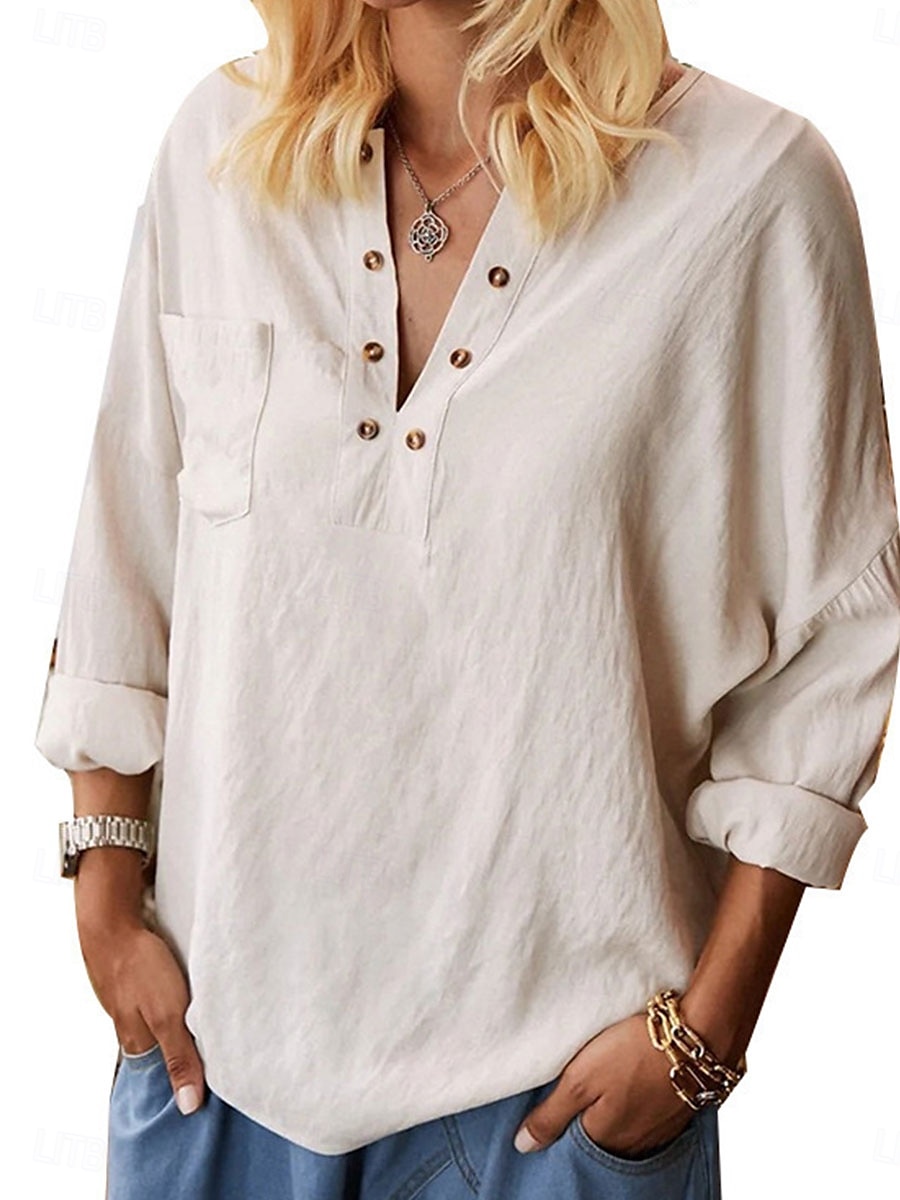 Dames Overhemd Blouse Katoenen linnen overhemden Effen Kleur Elegant Stijlvol Casual Lange mouw V-hals Normale tops Dagelijks Feestdagen Uitgaan Knop Beige Zomer Lente Herfst 2025 - $23.99 –P1