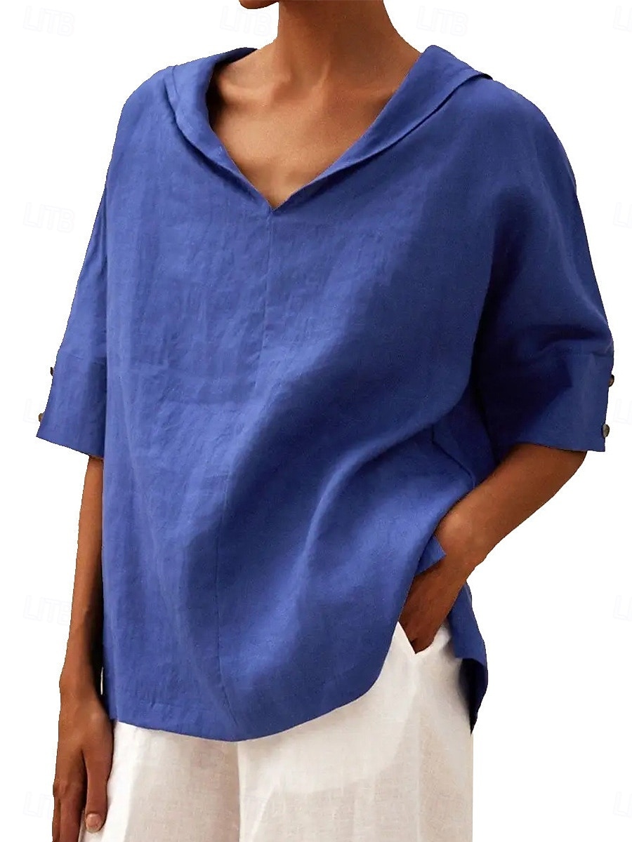Damen Hemd Bluse Baumwoll-Leinen-Hemden Einfarbig Basic Lässig Dreiviertelarm Mit Kapuze Normale Oberteile Täglich Knöpfe Weiß Blau Sommer 2025 - $29.99 –P6
